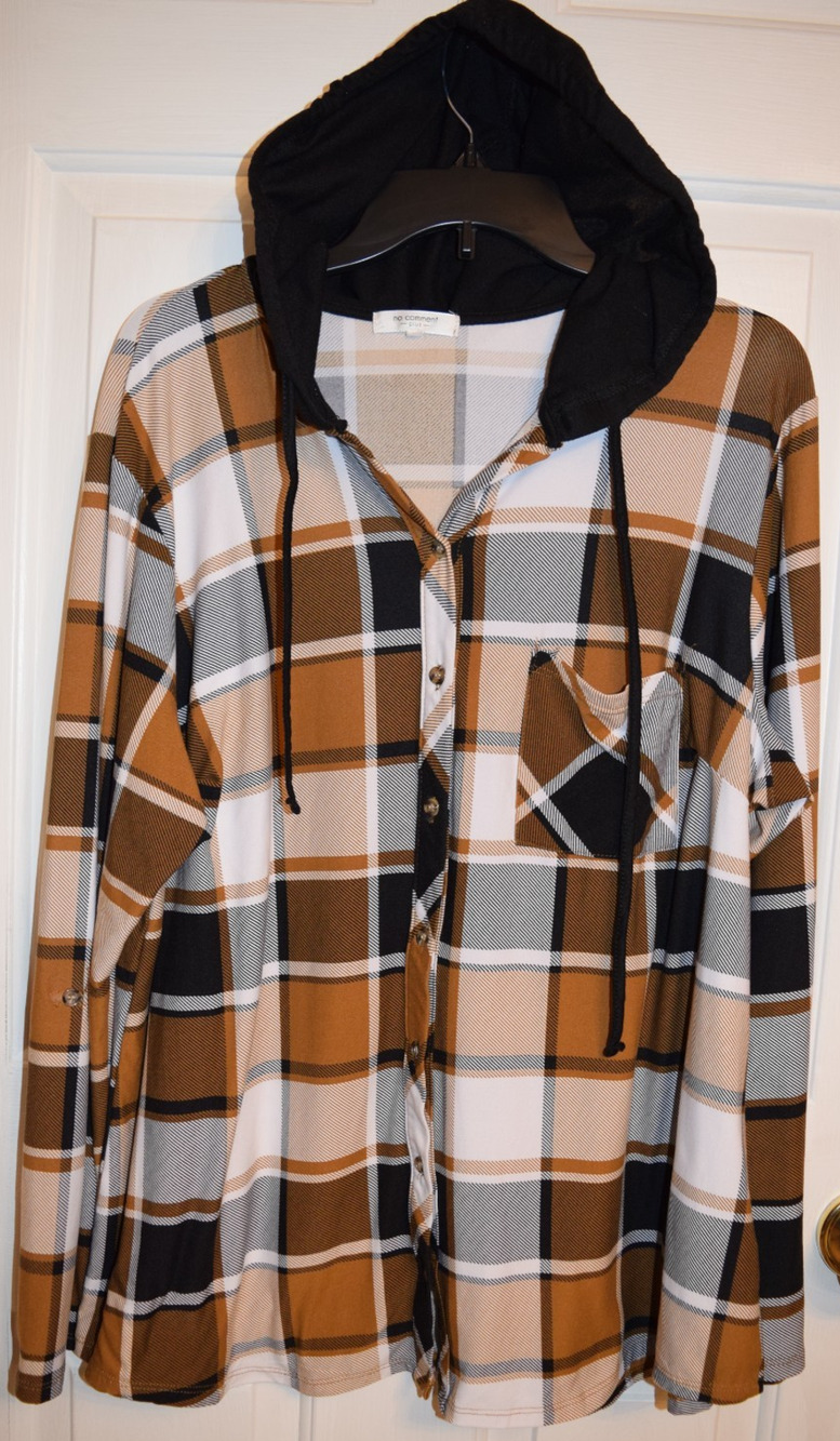 ~ Women’s 3X Carmel/Black/Cream Plaid Hooded Flannel Shirt Lightweight Button ~